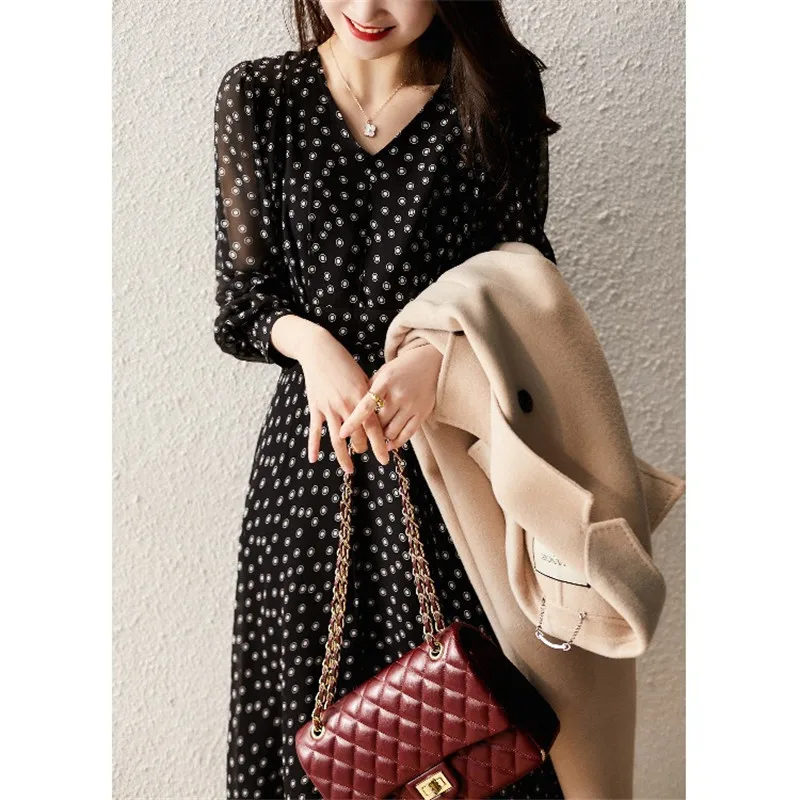 Women's Elegant V-Neck Long Sleeve Floral Print Dress, False Mulberry Silk, Slim, Elegant, Spring Fashion, 2024