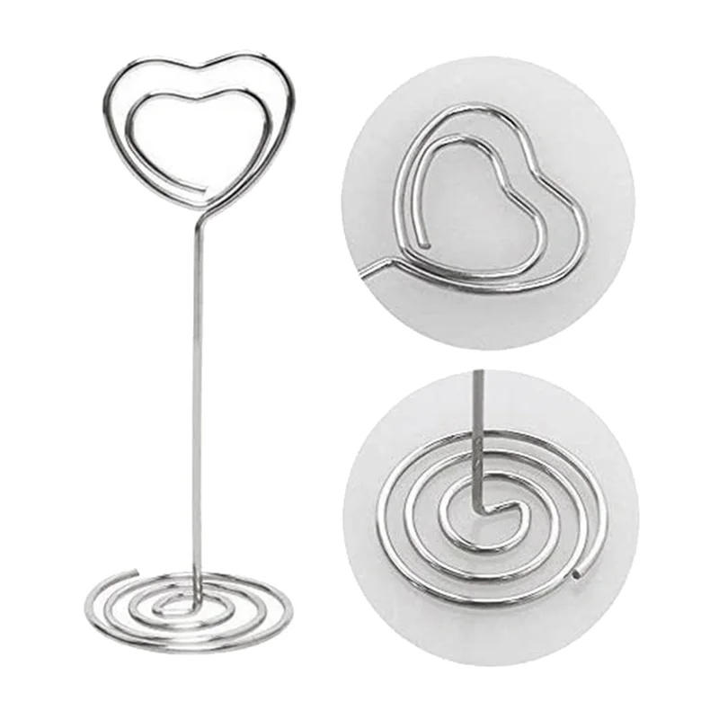 

ABUF-150 Pcs Card Holder Heart Shape Table Picture Stand Wire Tabletop Photo Holder Menu Clips Silver