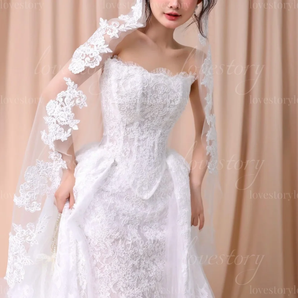 Customized Luxury Lace Wedding Dresses Strapless A   Line Detachable Train Bridal Gowns Illusion Bride Robes vestido de novia