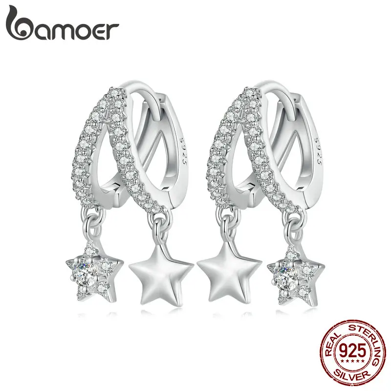 Bamoer 925 Sterling Silver Twinkling Star Ear Buckles Double Circle Hoop Earrings for Women Engagement Wedding Fine Jewelry Gift