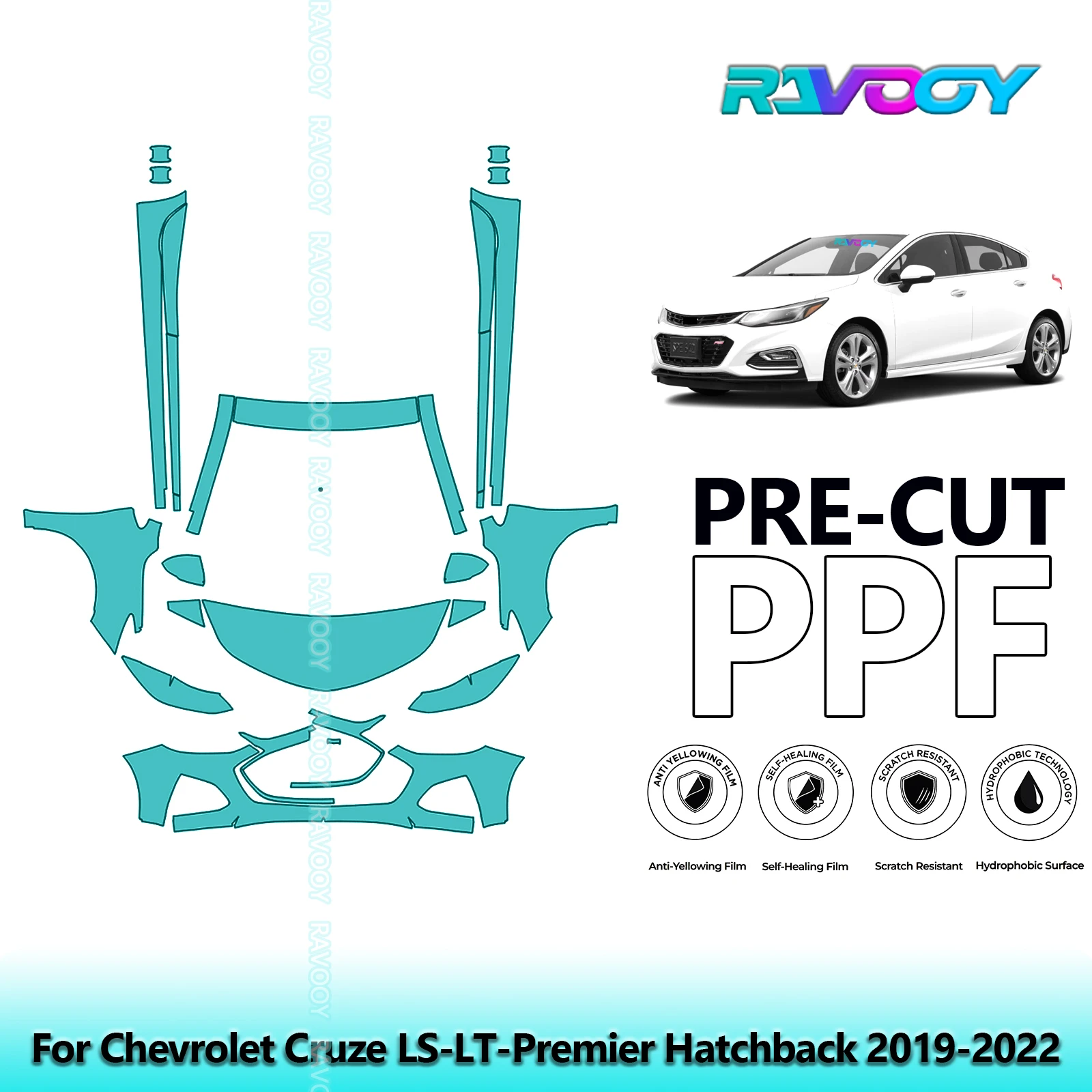 

8.5Mil Precut Paint Protection Film PPF Clear Bra Front Kit+Rockers For Chevrolet Cruze LS-LT-Premier Hatchback 2019-2022