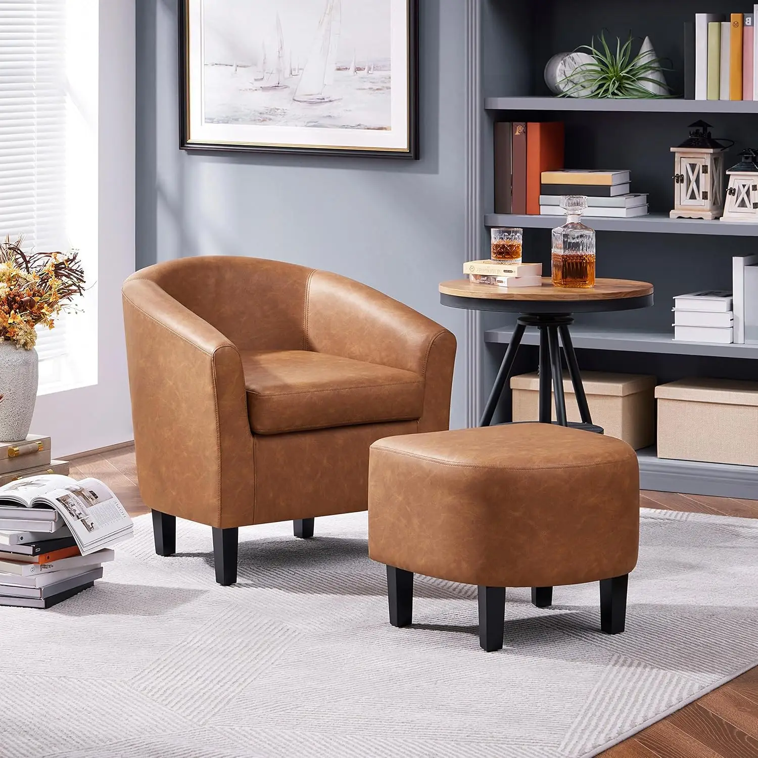 Accent Chair with Ottoman Footstool, PU Leather Modern Upholstered Soft Barrel Chair, Comfy Club Armchair and Footrest Set for L