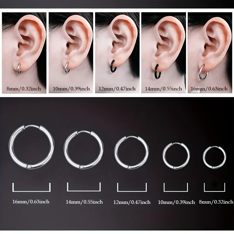 5pcs Hypoallergenic Men Women Stainless Steel Round Wire Hooks Loop Drop Dangles Earrings Set Circle Buckle Huggie Hoop Earrings