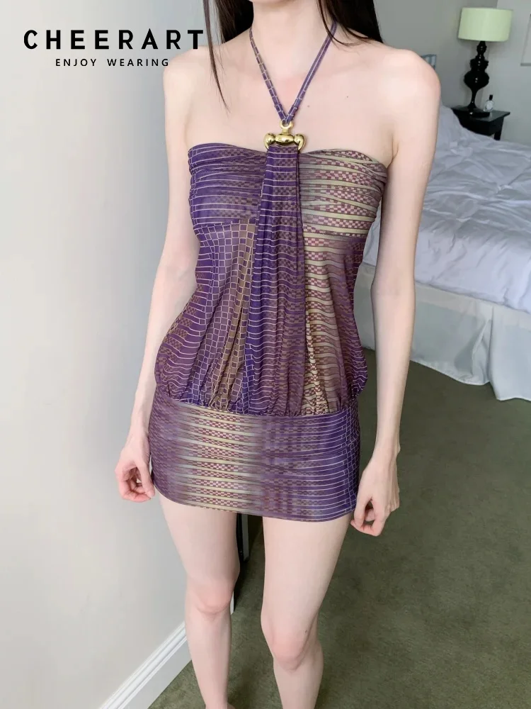 

CHEERART Gradient Gold Purple Striped Tanks & Camis Summer Cami Top For Woman 2025 Halter Neck Strapless Y2k Top Clothes
