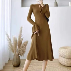 Elegant Fashion Hollow Ribbed Knitted Sweater Dresses 2024 Women Autumn Winter Solid Long Sleeve Slim Basic Midi Dress Vestidos