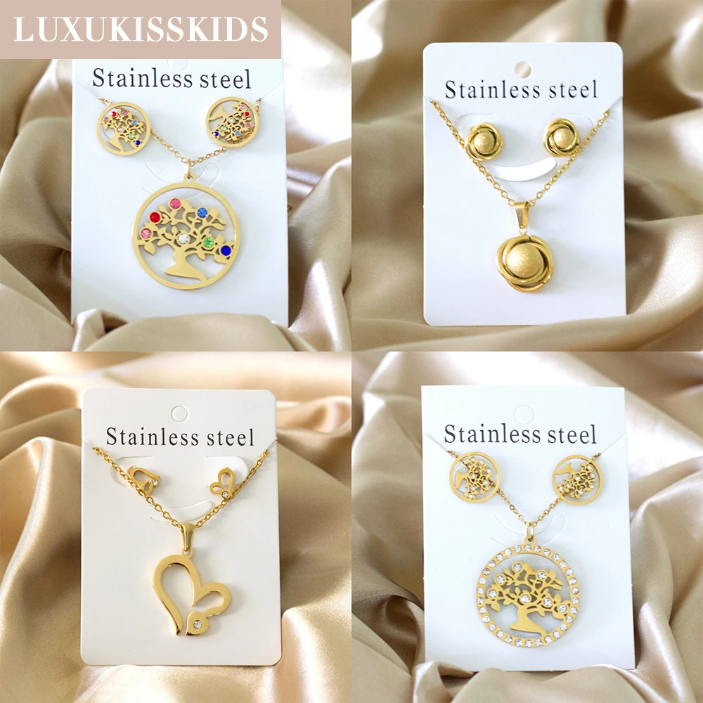 LUXUKISSKIDS Big Tree Of Life Charms Dubai Golden Jewelry Sets For Woman/Men Hippie Round Pendant Set of Necklace Earrings Punk