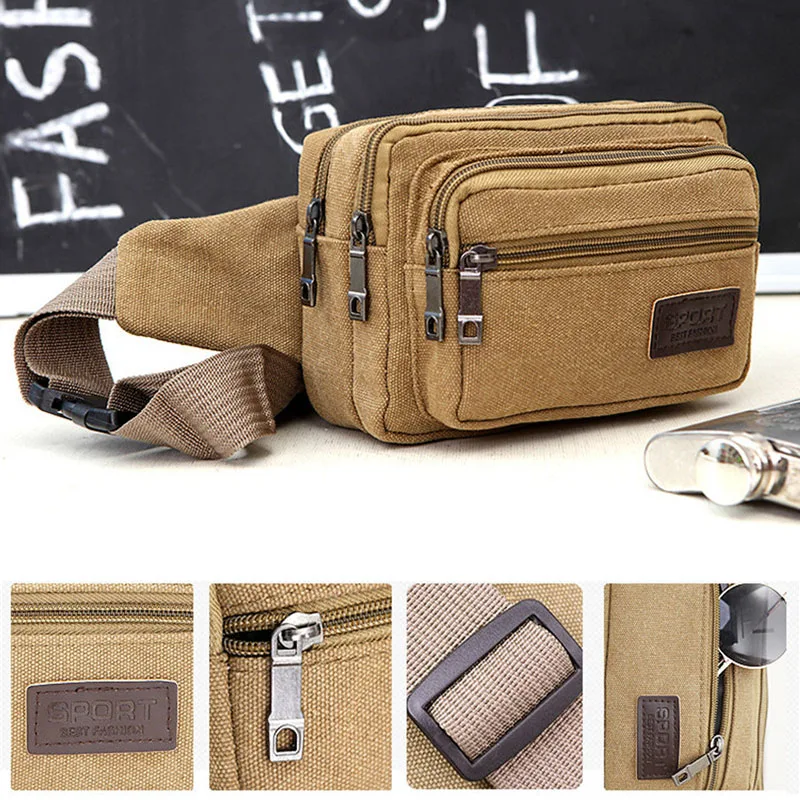 

New 4-Zipper Pocket Men Waist Bag Canvas Durable Functional Hiking Pack Belt Travel Bags Outdoor Sports Climbing Camping Pockets