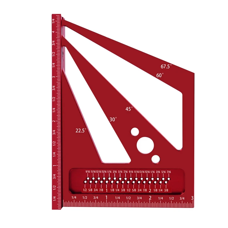 Woodworking Measuring Ruler 22.5/30/45/60/67.5Degree Square Ruler Protractor, For Engineer Carpenter Drawing-Red Inch Durable