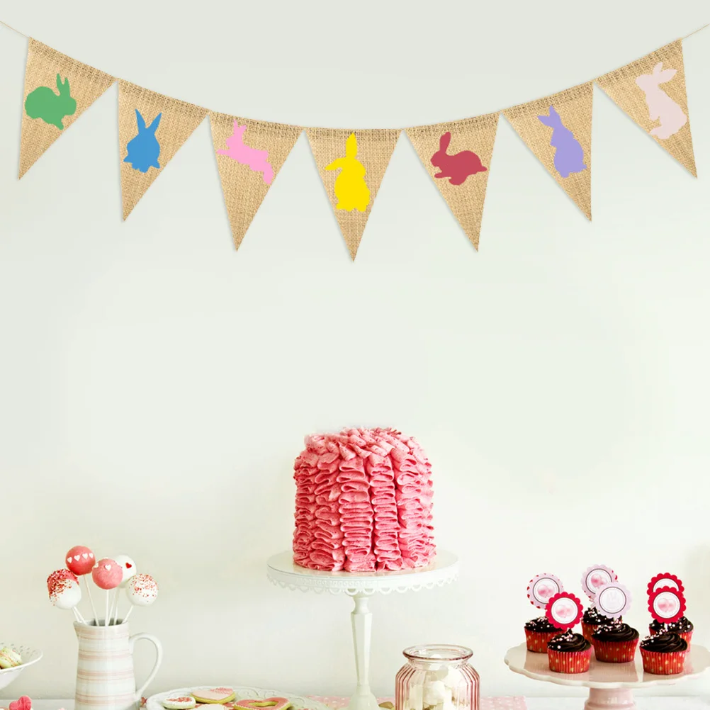 

Colorful Rabbit Easter Pennant 1Set Linen Flag Party Supplies Spring Festival Decor Easter Banner Rabbit Flag