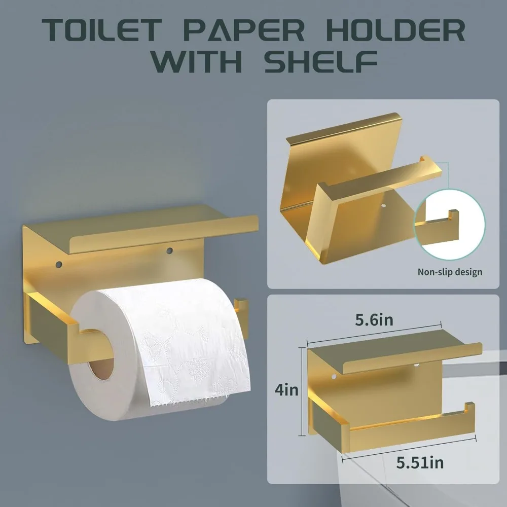 مجموعة أجهزة الحمام الذهبية - 7 قطع قضبان مناشف مربعة ذهبية مصقولة ورف وإكسسوارات من الفولاذ المقاوم للصدأ مقاس 23 بوصة