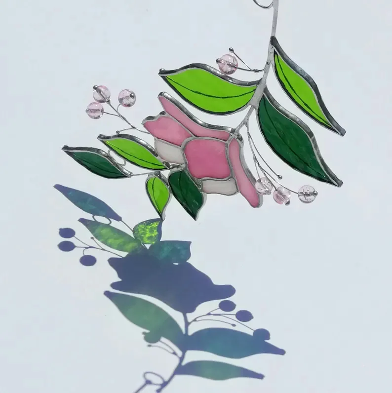 Pink Flower Stained Glass Catcher Cute Flower Rose Pendant Souvenir
