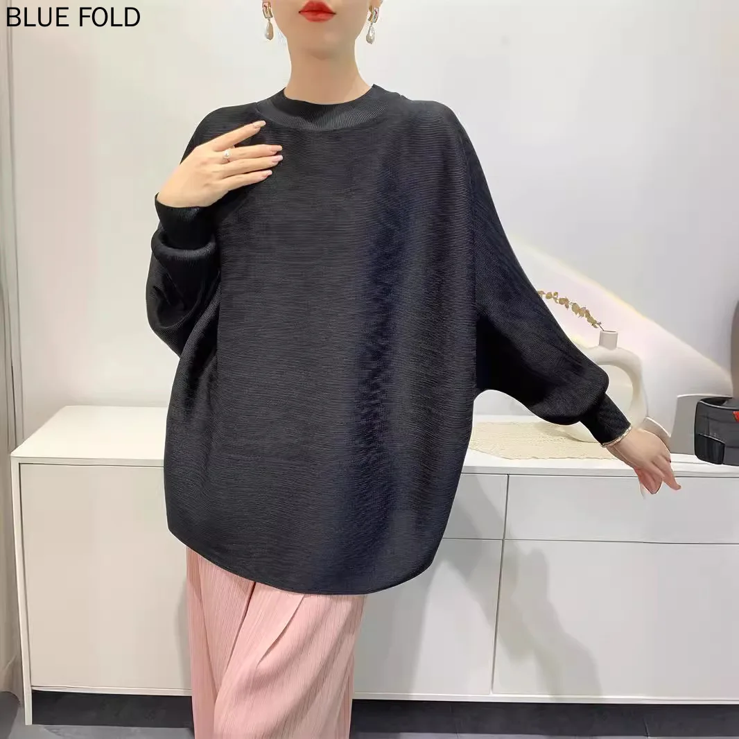 MIYAKE 2024 Autumn New Loose Large Size Pleated Clothes Women's Tops Bat Sleeve T-shirt Toothpick Pleats Designer Clothes Luxury