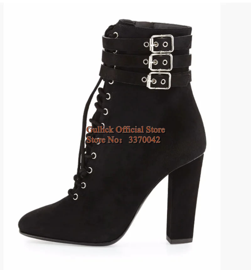 Multiple Belt Buckle Straps Women Ankle Boots Black Suede Cloth Round Toe Lace Up Chunky Heels Booties Plus Size 45