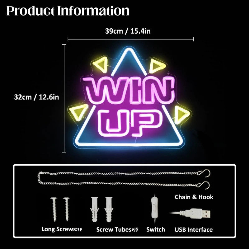 XM Win Up Neon Signs for Wall Decoration Games LED Neon Signs for Players Neon USB Signs for Game Room Game Area Decoration