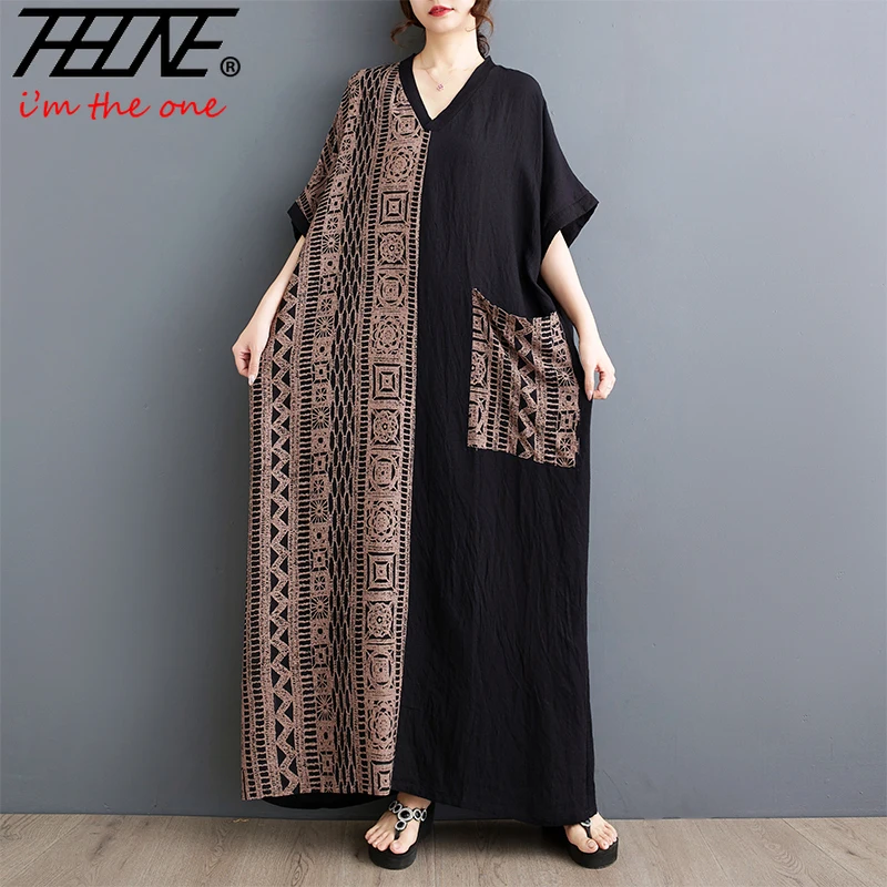 THHONE New Dress Women Summer V-Neck Vintage Loose Patchwork Pockets Beach Style Casual Plaid Bohemian Robe Long Maxi Dresses