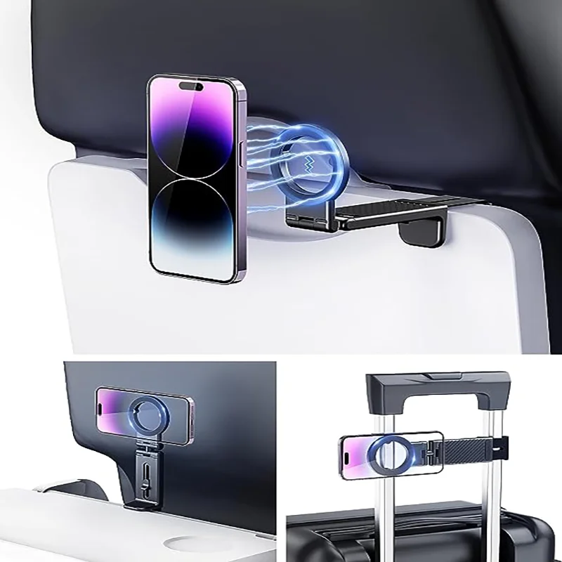 Airplane Magnetic Travel Phone Holder for Desk Foldable Adjustable Rotatable Train Seat Stand for iphone 15/14/13/12 Pro Max