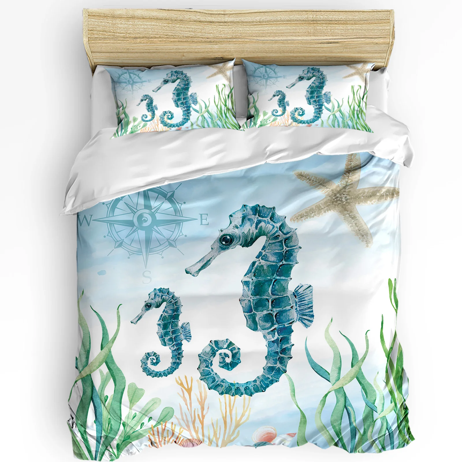 

Marine Animal Hippocampus Seaweed Compass Duvet Cover with Pillow Case 3pcs Bedding Set Quilt Cover Double Bed Home Textile