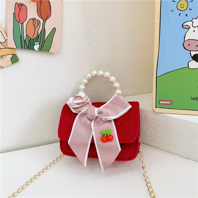 الحلو القوس الأميرة بنات اللؤلؤ مقبض حقائب كتف لطيف الاطفال حقائب اليد الحمراء محفظة الطفل الأطفال سلسلة منقوشة حقيبة كروسبودي الهدايا #5