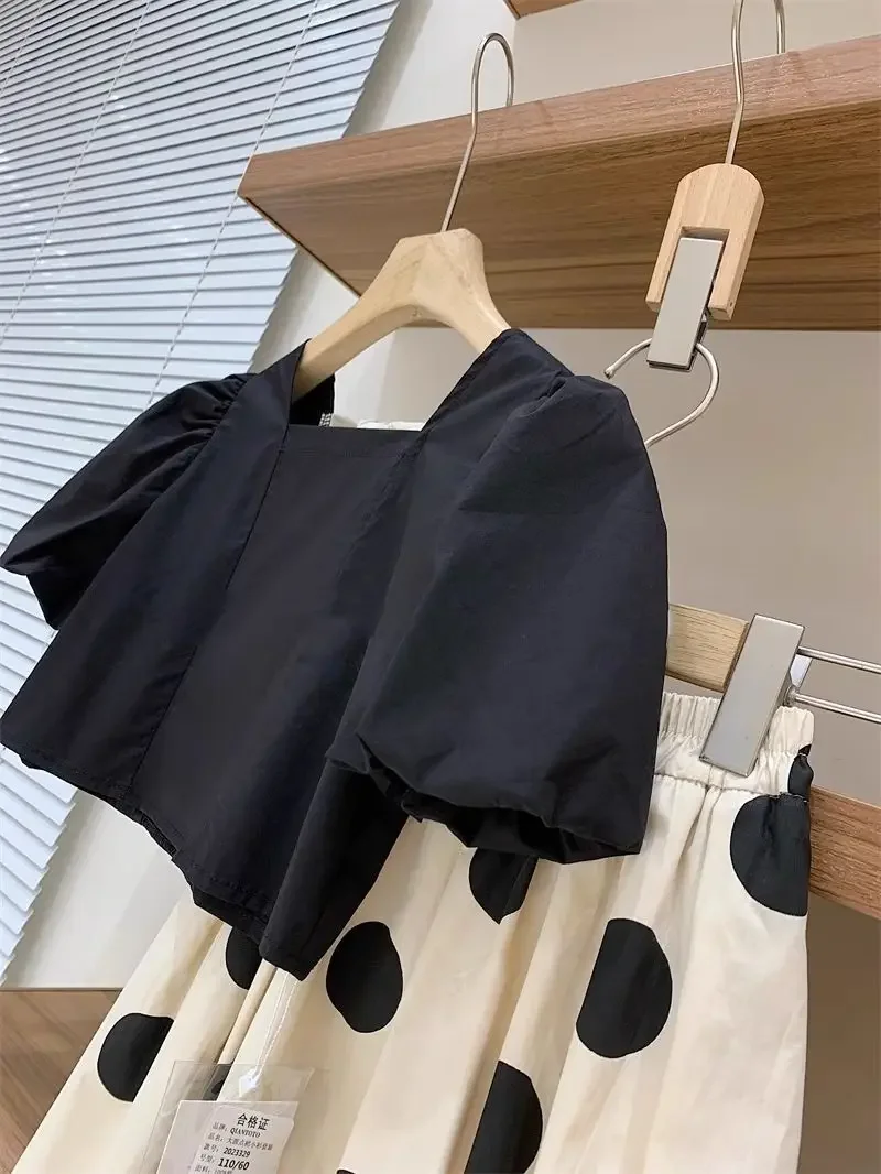 

New Cotton Square Neck Bubble Sleeve Top Dot Half Skirt 2-piece Set Children's Skirt Set Teenage Girl Clothing Set Summer