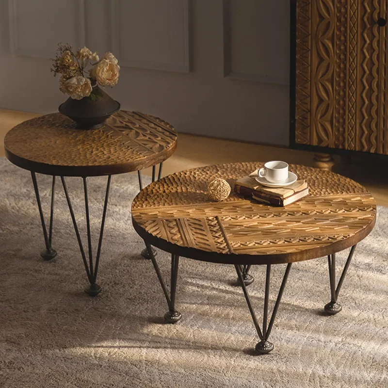 American retro solid wood small round table, bed and breakfast living room small coffee table size combination, home balcony