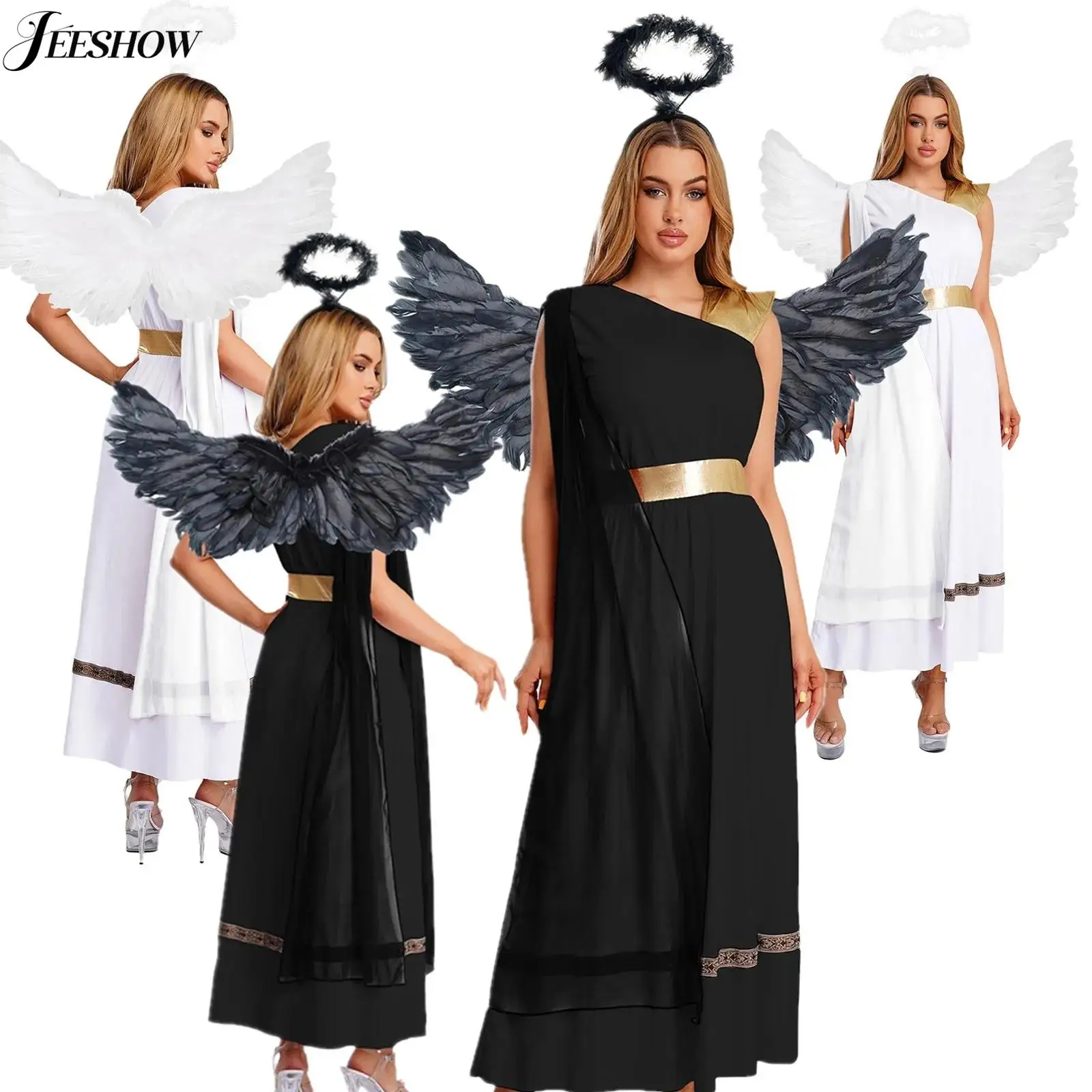 Engel-Kostüm für Damen, antikes griechisches Cosplay-Outfit, engelhaftes Kostüm, One-Shoulder-Tunika-Kleid mit Federflügeln und Kopfbedeckung