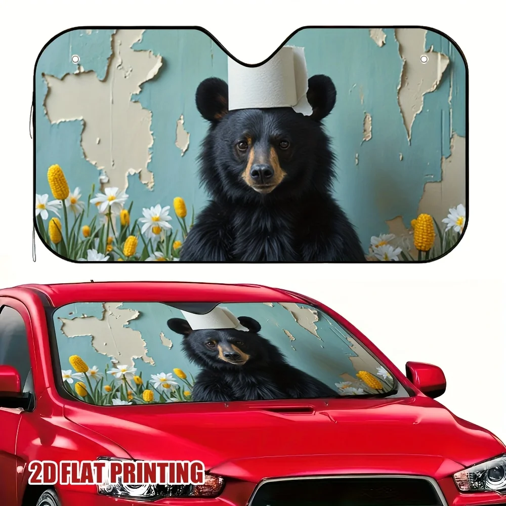 

1pc Bear Toilet Paper King Car Sun Visor - Cute Cartoon Bear With Toilet Paper Hat & Floral Design, 2D Flat Printing, Fit For Al
