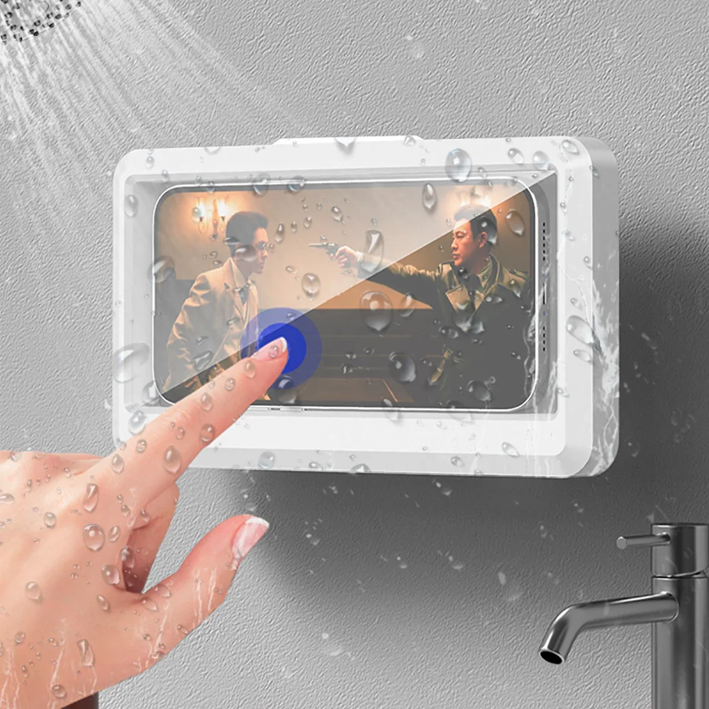 Mobile Phone Holder Bathroom Waterproof Household Wall Mounted 360° Rotating Holder Box Self-adhesive Touch Screen Phone Stand