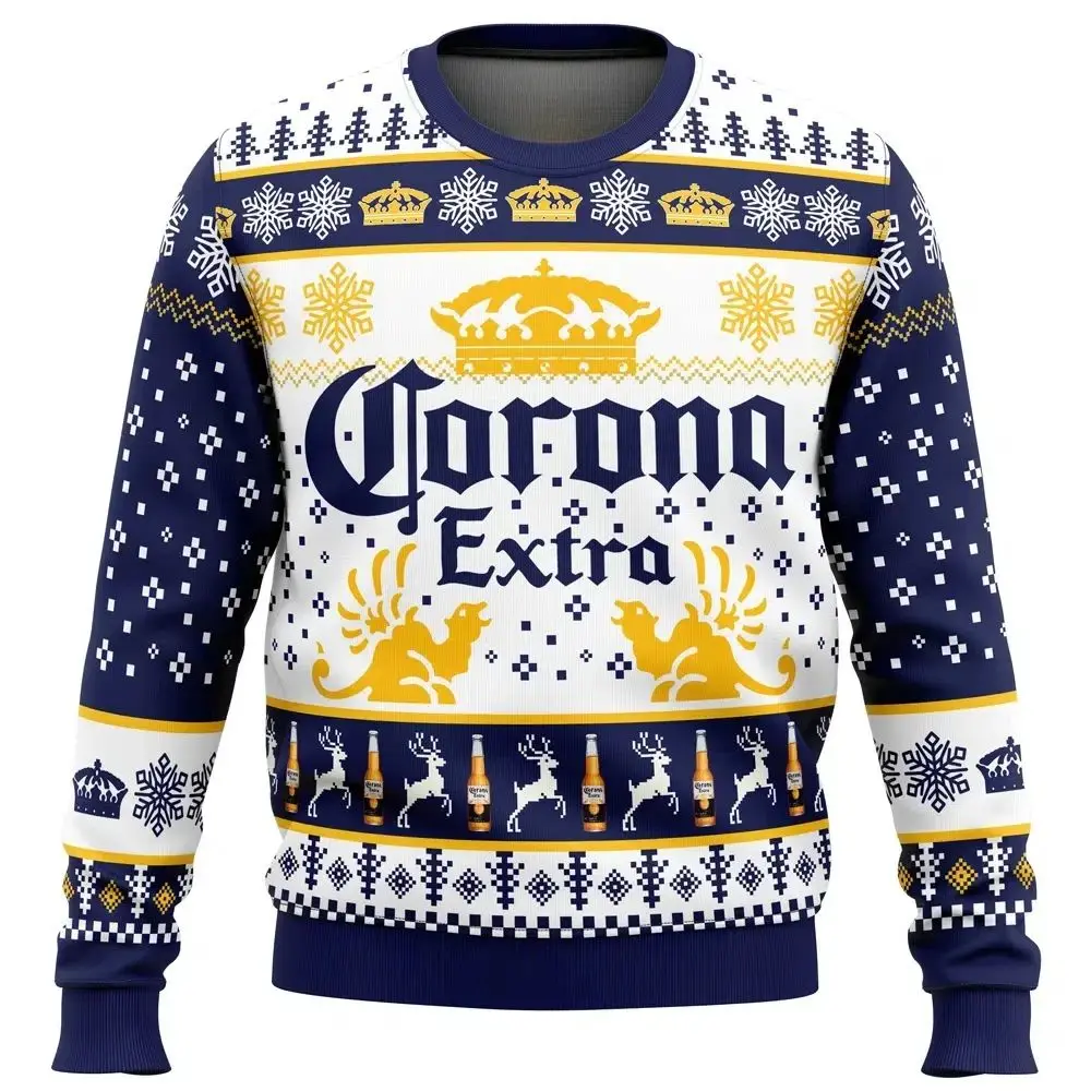 New Crown Christmas Sweater Ugly Holiday Sweater Beer Around Snowflake Reindeer Pattern Holiday Style Retro Christmas