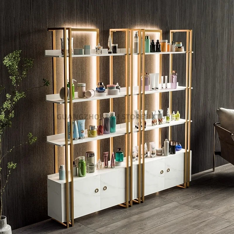 Customized. luxury beauty salon light display shelf Cosmetics Nail skin care stand cabinet store display shelf storage rack