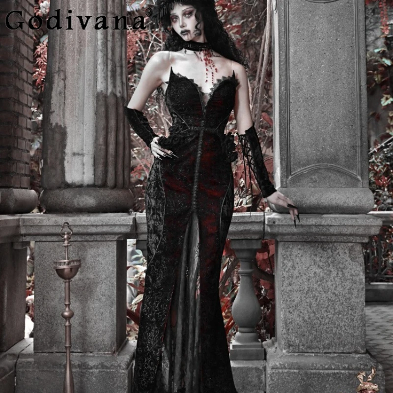 

Vampire Black Red Dress Women Blood Supply Original Halloween Gothic Velvet Dress Girls Trumpet Sleeveless Sexy Long Dress
