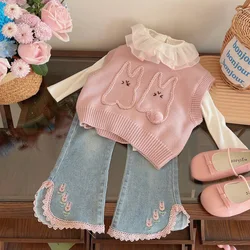 3pcs Kids Girls Spring Clothing Sets Pink Cartoon Print Knitting Vest+Ruched O-Neck Long Sleeve Bottom Shirt+Cute Flare Jeans