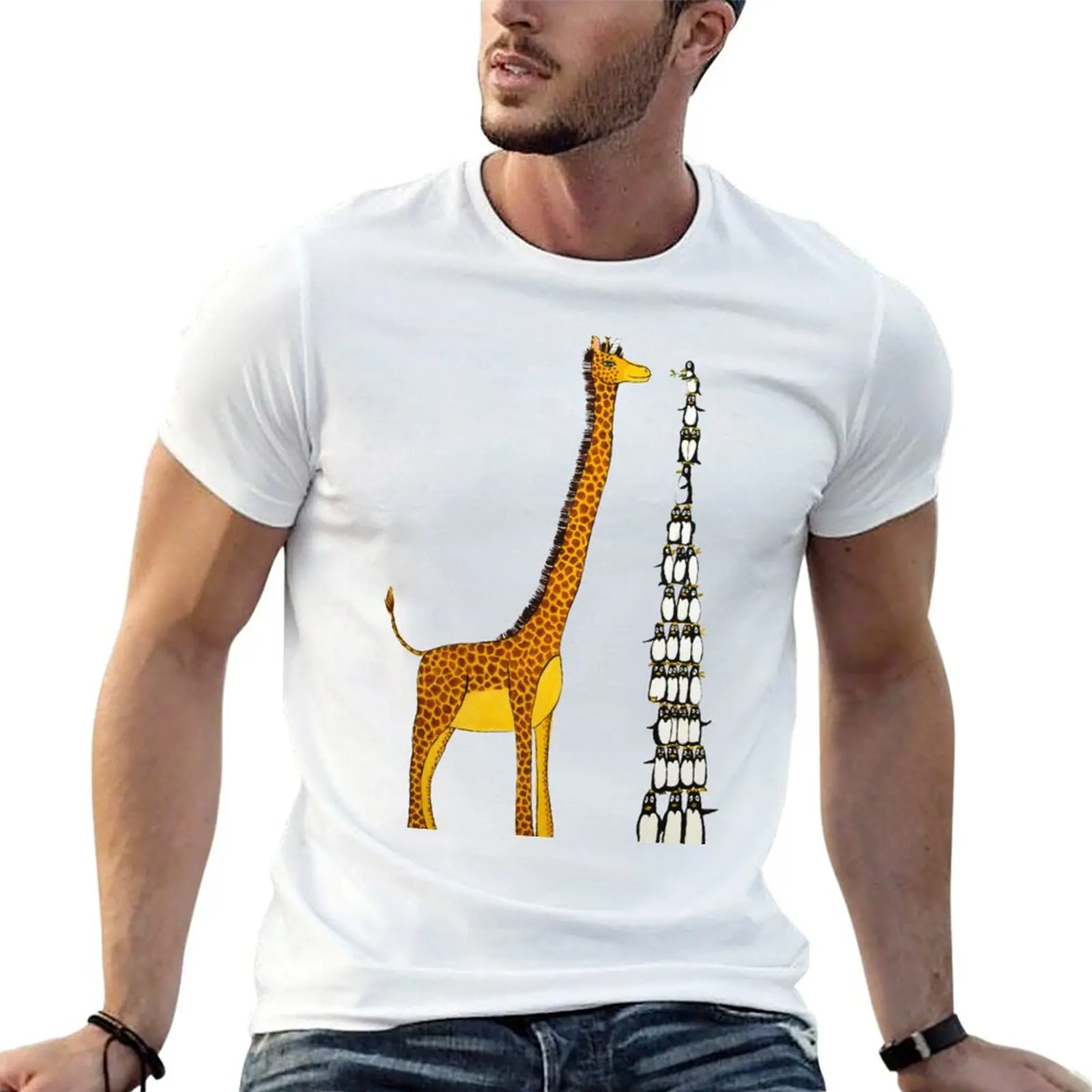 ¿Cuál es más alto: unicornio, jirafa o pingüino? Camiseta de algodón de alta calidad para hombre, camiseta de lujo para hombre, camiseta gráfica.