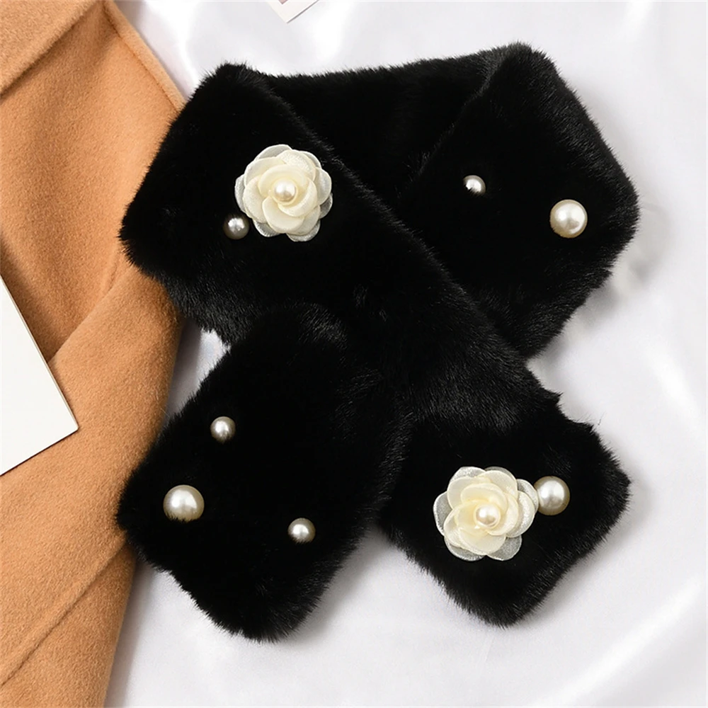 Korean Chic Women's Pearl Floral Faux Rabbit Fur Fake Collar Soft Plush Cross Scarf Winter Outdoor Thick Warm Neck Warmer Shawl