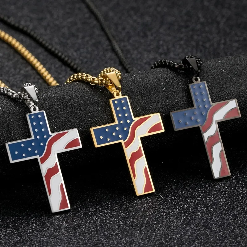 Stainless Steel Enamel American USA Flag Cross Pendant Necklace Stars Stripes Jesus Religion Christian Cross Fashion Jewelry