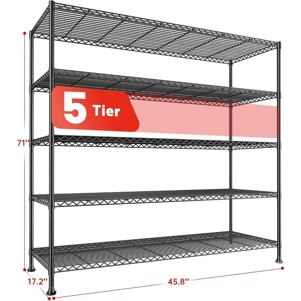 Wire Shelving Unit, 5 Tier Adjustable Metal Storage Shelves for Kitchen Pantry Office 45.8" W x 71" H x 17.2" D