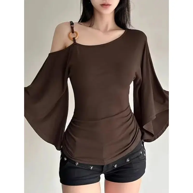 

American Retro Slanted Shoulder Fashion Short-sleeved T-shirt Women's Summer New Slim-fit Top
