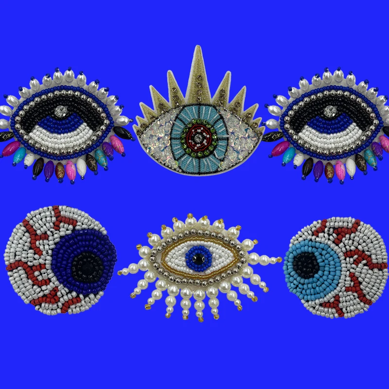 Handmade Pérolas Rhinestone Bordado Eye Vestuário Patch, Pano Adesivo, Broche DIY, Saco, Cap Decoração, Acessórios, Fábrica Atacado