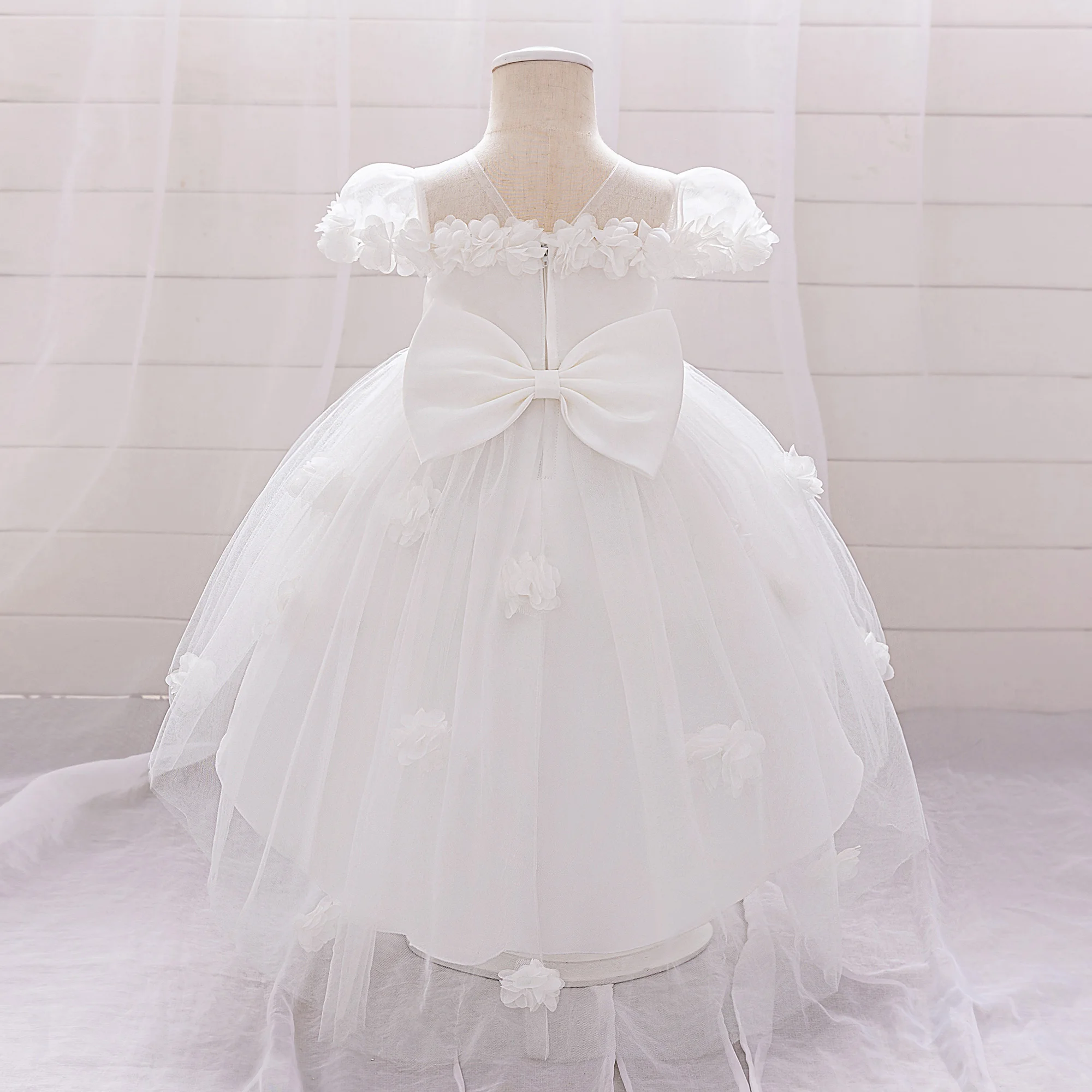 Summer Flower Party Baby Girls Dress Elegant Tailed Tulle 1st Birthday Wedding Princess Dress Bow Baptism Bridemaid Kids Clothes