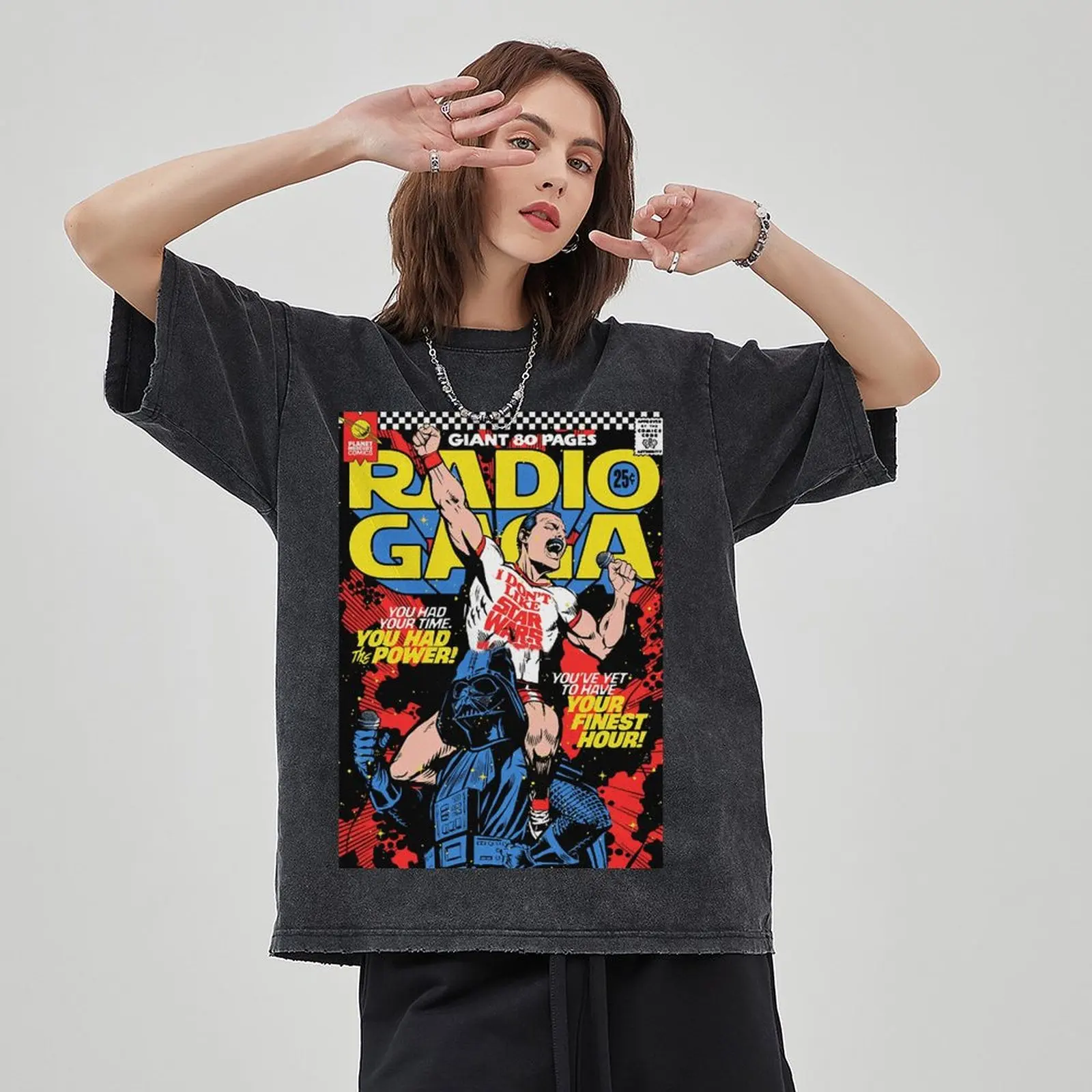 Rock Man Graphic Printed Washed T Shirt For Men, Y2K Streetwear Harajuku Short Sleeve Sweatshirt, Unisex Casual Loose T-Shirts