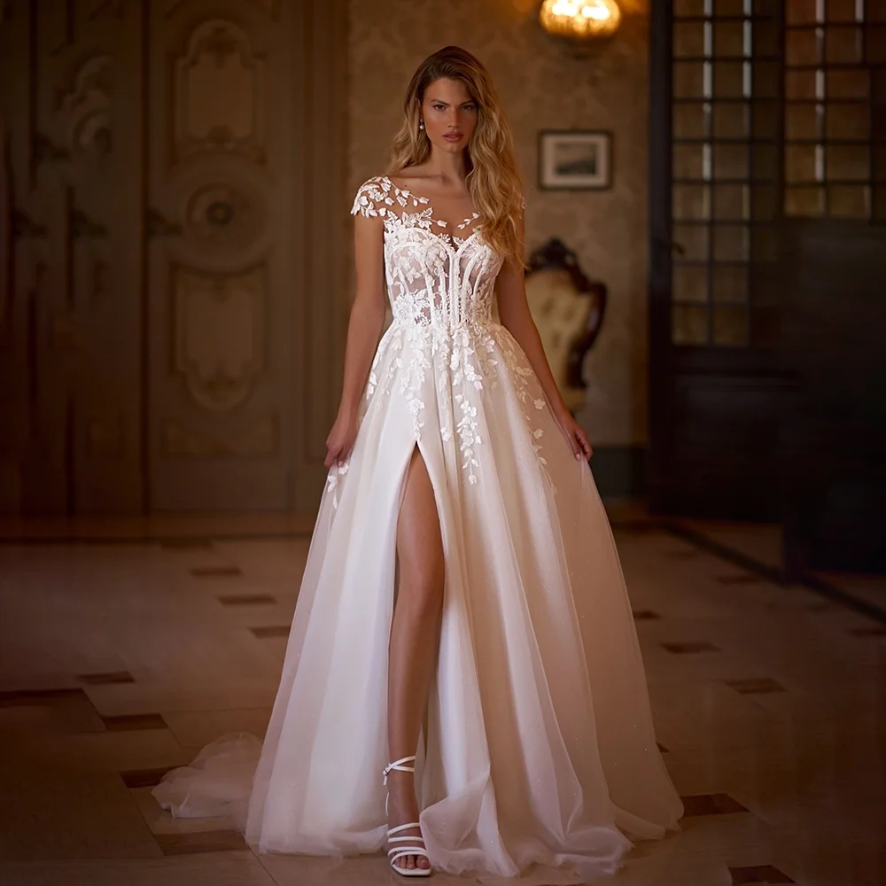 

Sirene Элегантное свадебное платье без рукавов с открытыми плечами и прозрачным кружевом с вышивкой и высоким разрезом 2025, тюлевое платье Vestidos De Novia по индивидуальному заказу