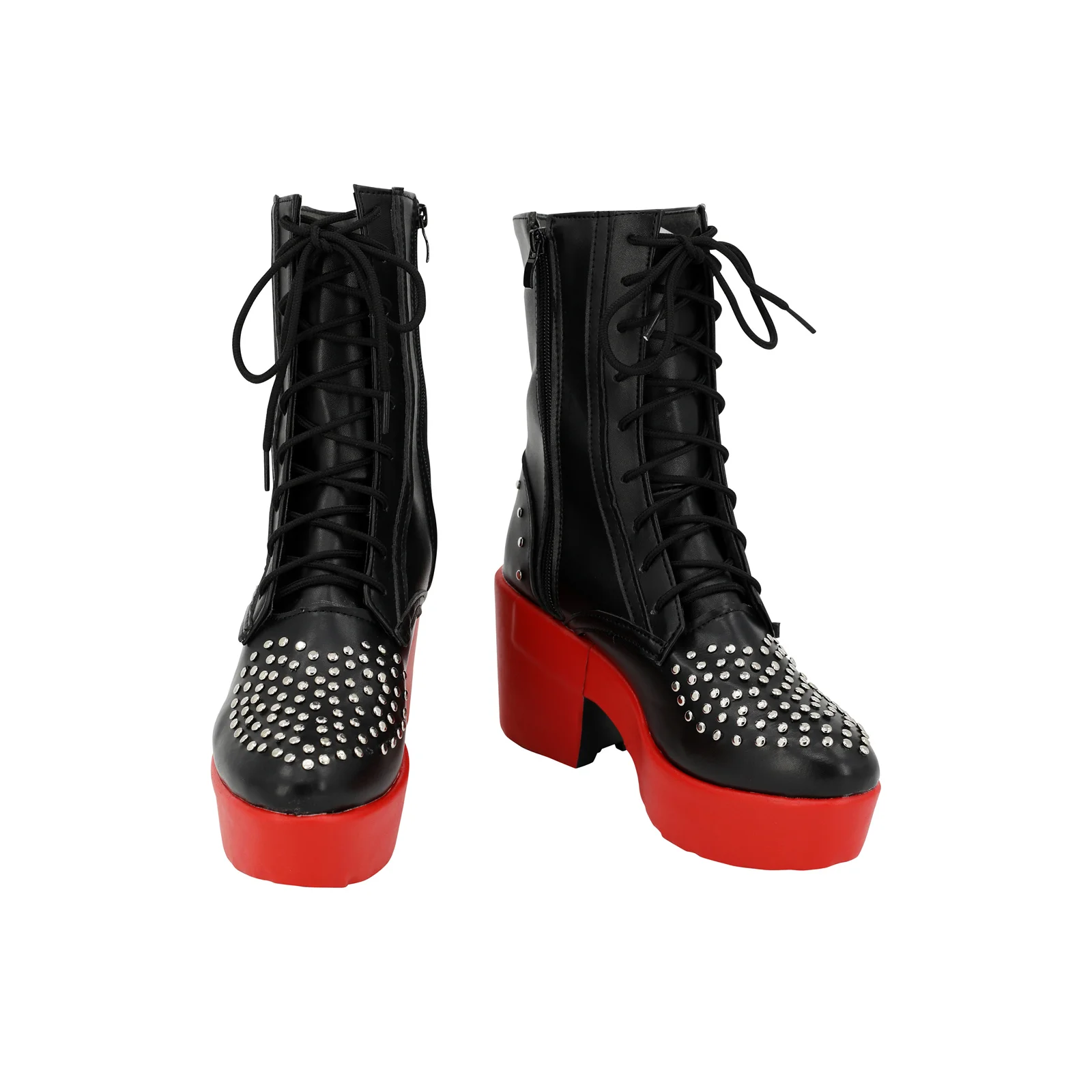 

Musical Movie Red Cosplay Shoes Black Studded Boots Thick-Soled High Heels Strapped Shoes Halloween Party