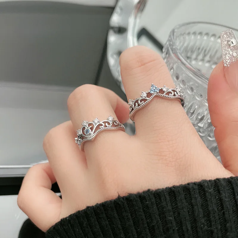 Exquisite Stacked Sea Blue Zircon Crown Open Ring Female Hollow Retro Court Style Simple Set Ring Couple Ring