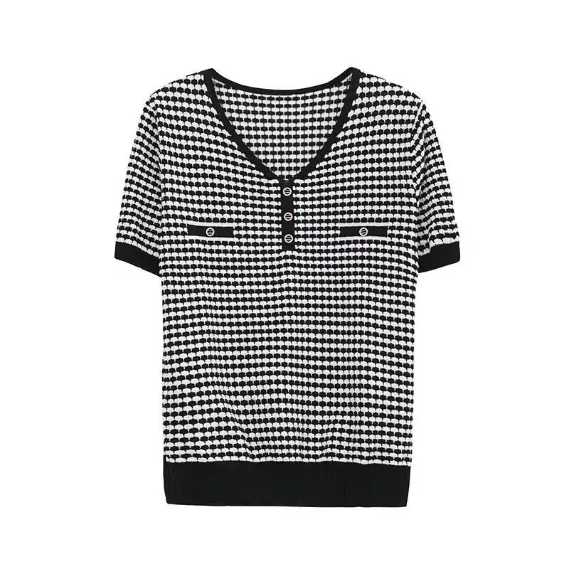 TuangBiang Summer Fashion 2023 Pullover in cotone fiorito a quadri con scollo a v tasche a lupetto t-shirt lavorate a maglia da donna top larghi