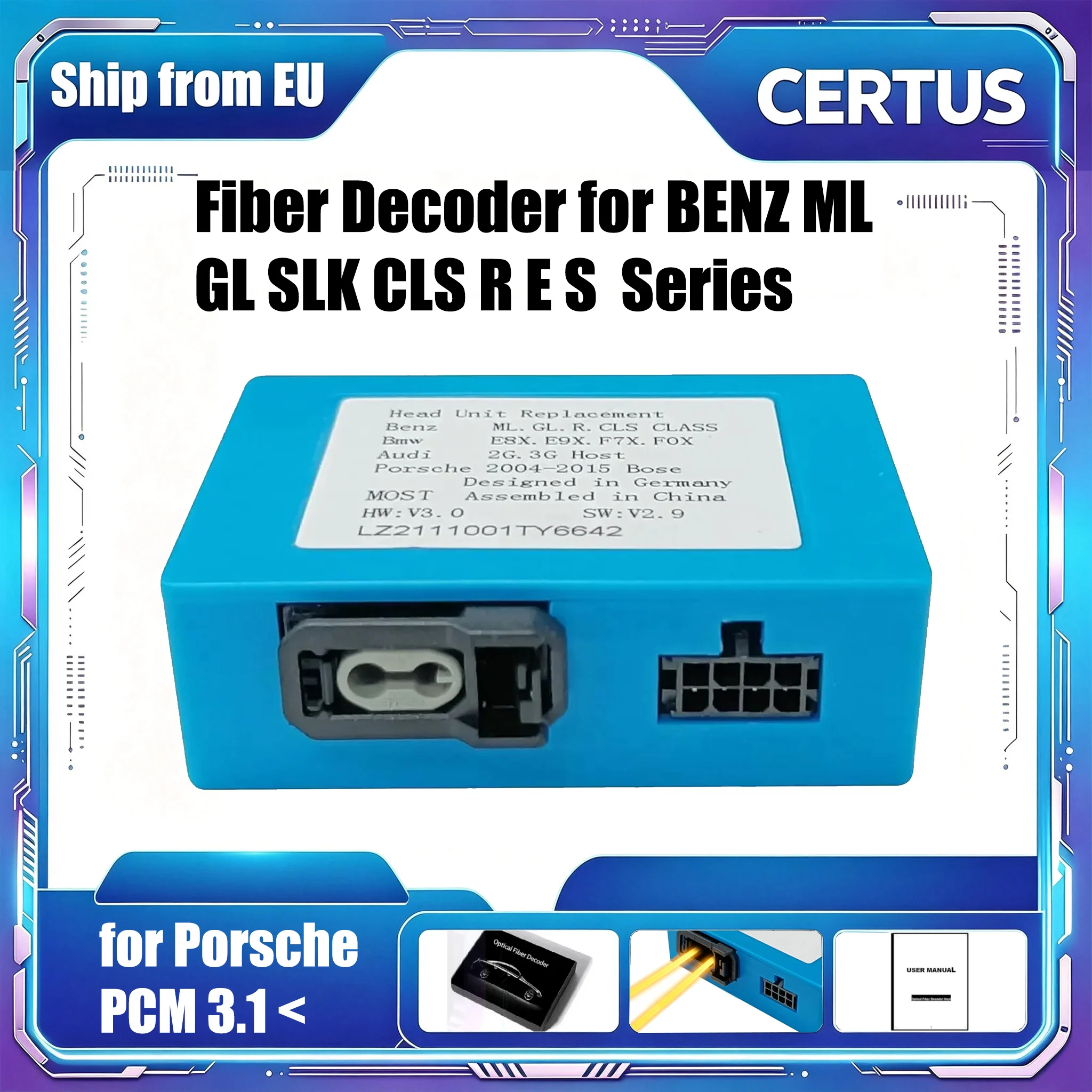 Certus Decoder Box per Fibra Ottica per Autoradio Android, Adattatore Interfaccia Audio per Mercedes-Benz ML GL CLS SLK R E S W164 e Cruscotto Boxster