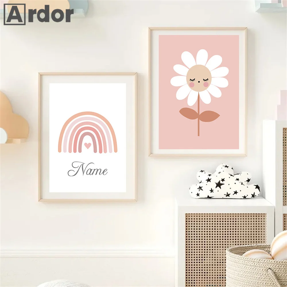 Daisy Rainbow Sun Love Heart Personalized Name Poster Cute Wall Art Canvas Prints Picture Pink Girl Baby Kids Room Home Decor