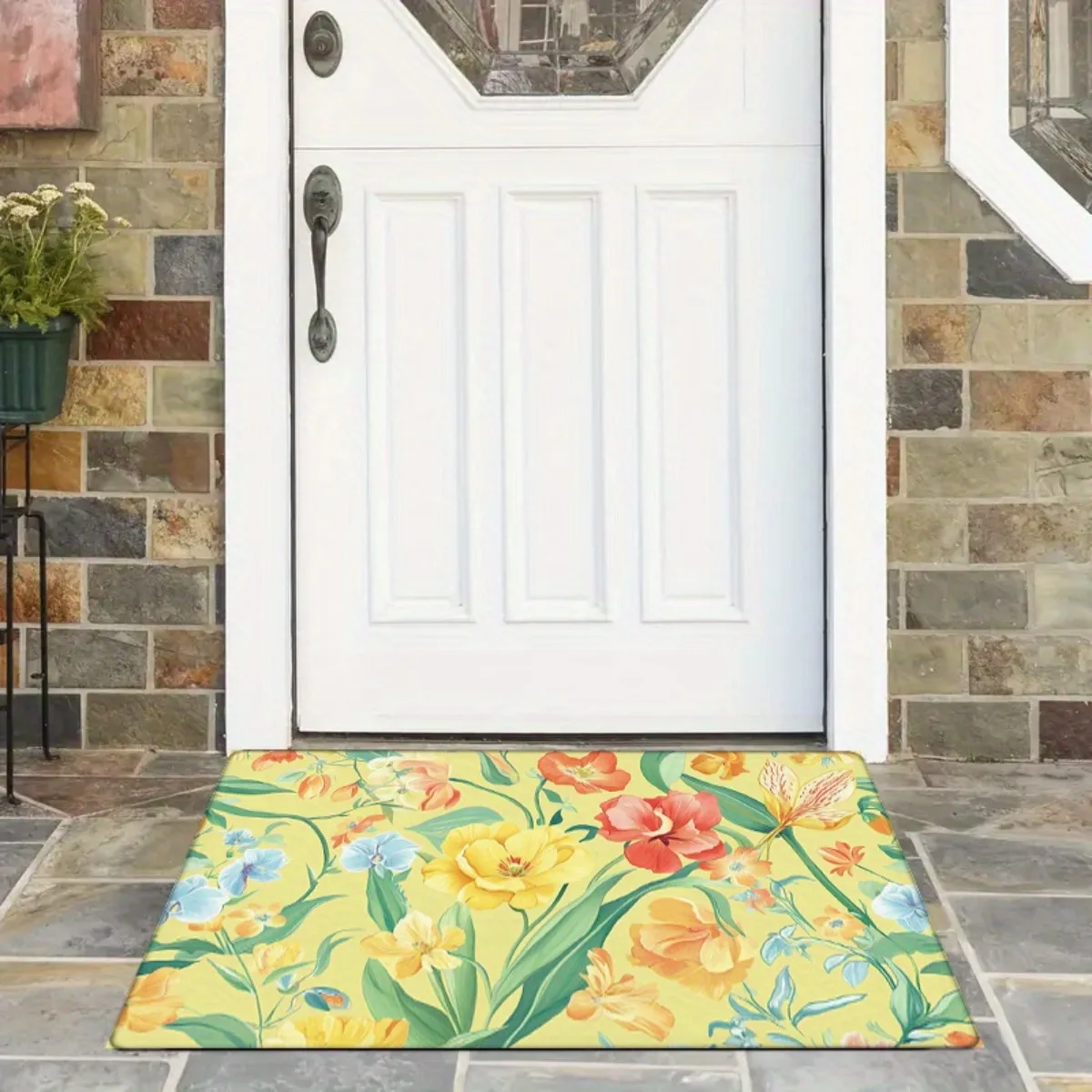 Floral Print Doormat – Vibrant Yellow Tulip & Spring Flowers on Light Green Background, 40x60cm Decorative Entry Floor Mat