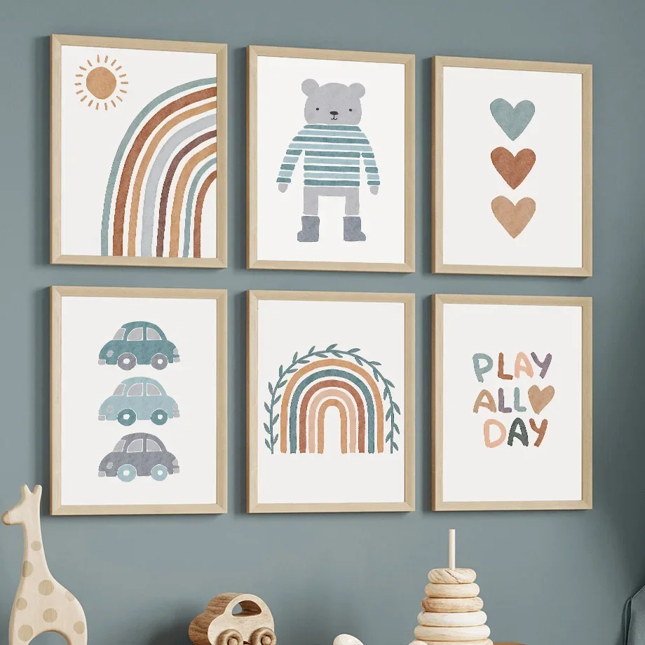 

Boho Bear Car Rainbow Sun Heart Nursery Wall Art Canvas Painting Nordic Posters And Prints Wall Pictures Baby Kids Room Decor