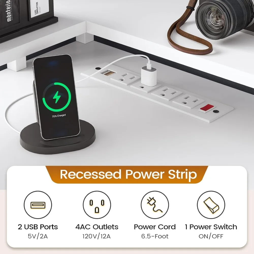 โต๊ะทำงานรูปตัว L พร้อมลิ้นชัก 6 ช่อง ขนาด 108 นิ้ว สำหรับโฮมออฟฟิศ พร้อมที่เก็บเอกสารและปลั๊กไฟ โต๊ะคอมพิวเตอร์เข้ามุมพร้อมช่องวางจอ