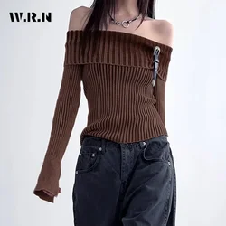 2024 Winter Hotsweet Casual Slash Neck Knitting Long Sleeve Pullovers Women Gyaru Solid Color Sheath Ladies Sexy Sweater