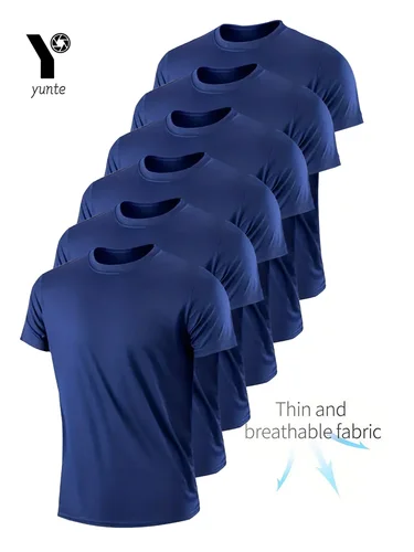 Crew T-Shirt6Pcs-Camiseta de secado rápido para hombre, camisa de secado rápido, transpirable, ultraligera, color azul marino, para Fitness, gimnasio y correr
